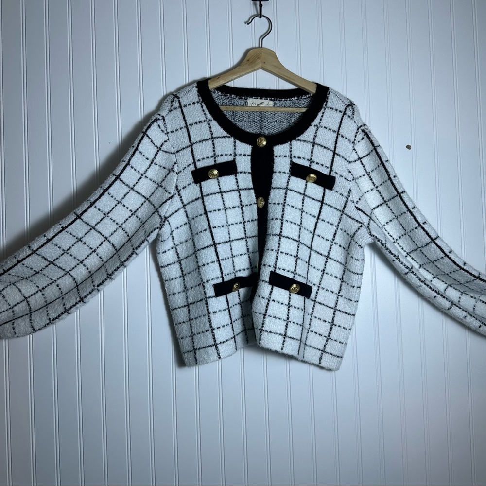 Marled Black and White Grid Pattern Blazer - Picture 15 of 15